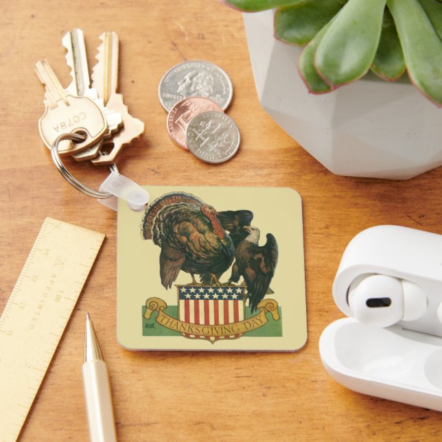 Vintage Thanksgiving Turkey, Eagle, Amercan Flag Key Ring (Desk)