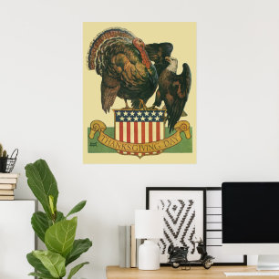 Vintage Thanksgiving Turkey, Eagle, Amercan Flag Poster