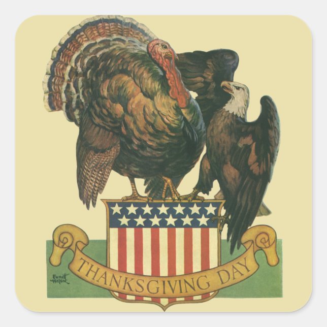 Vintage Thanksgiving Turkey, Eagle, Amercan Flag Square Sticker (Front)