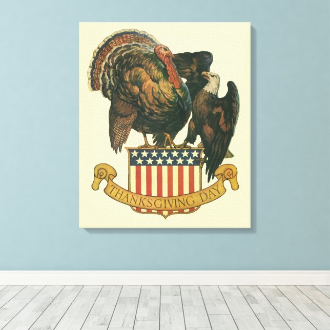 Vintage Thanksgiving Turkey, Eagle, American Flag Canvas Print (Insitu(Wood Floor))