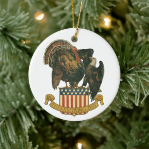Vintage Thanksgiving Turkey, Eagle, American Flag Ceramic Tree Decoration