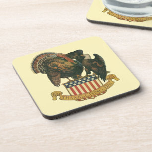 Vintage Thanksgiving Turkey, Eagle, American Flag Coaster