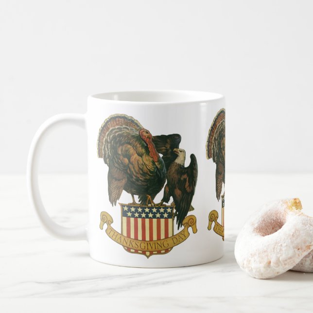 Vintage Thanksgiving Turkey, Eagle, American Flag Coffee Mug (With Donut)