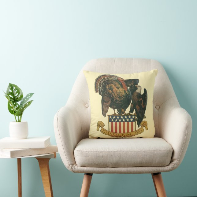 Vintage Thanksgiving Turkey, Eagle, American Flag Cushion (Chair)