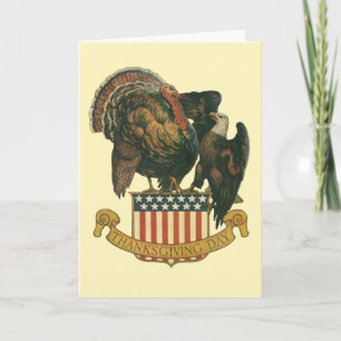 Vintage Thanksgiving Turkey, Eagle, American Flag Holiday Card