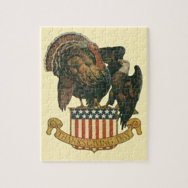 Vintage Thanksgiving Turkey, Eagle, American Flag Jigsaw Puzzle (Vertical)