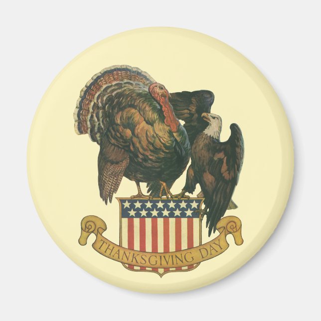 Vintage Thanksgiving Turkey, Eagle, American Flag Magnet (Front)