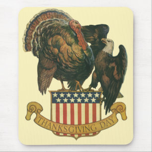 Vintage Thanksgiving Turkey, Eagle, American Flag Mouse Mat