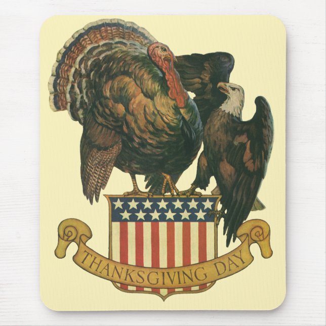 Vintage Thanksgiving Turkey, Eagle, American Flag Mouse Mat (Front)