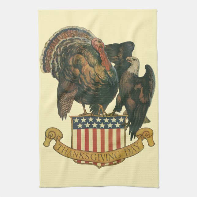 Vintage Thanksgiving Turkey, Eagle, American Flag Tea Towel (Vertical)
