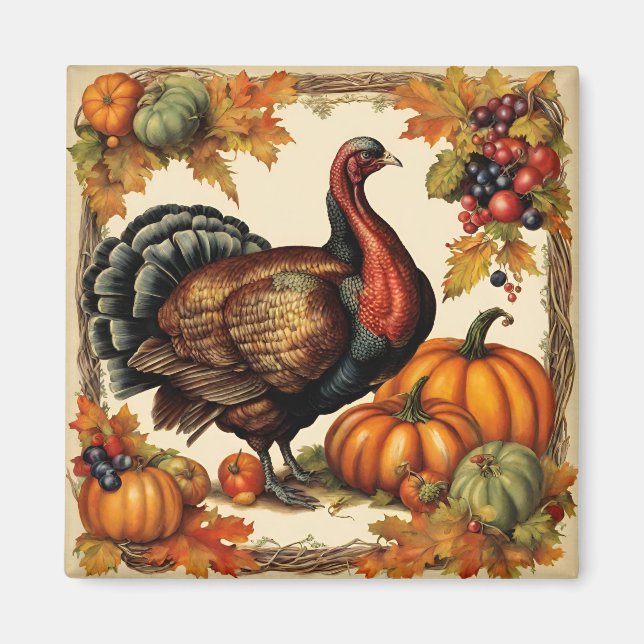 Vintage Thanksgiving Turkey, Fruit and Pumpkins  Magnet (Front)