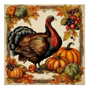 Vintage Thanksgiving Turkey, Fruit and Pumpkins  Poster