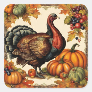 Vintage Thanksgiving Turkey, Fruit and Pumpkins  Square Sticker