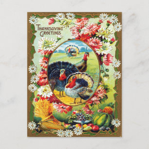 Vintage Thanksgiving Turkey Harvest Floral Postcard