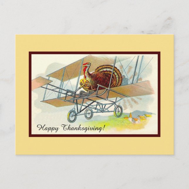 Vintage thanksgiving turkey in aeroplane holiday postcard (Front)