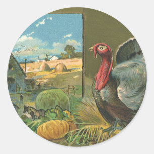 Vintage Thanksgiving, Turkey on the Farm Classic Round Sticker