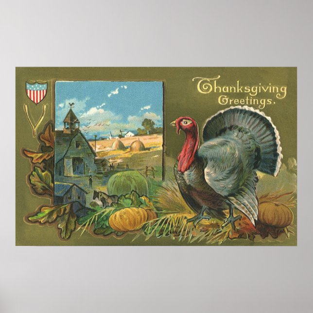 Vintage Thanksgiving, Turkey on the Farm Poster (Front)