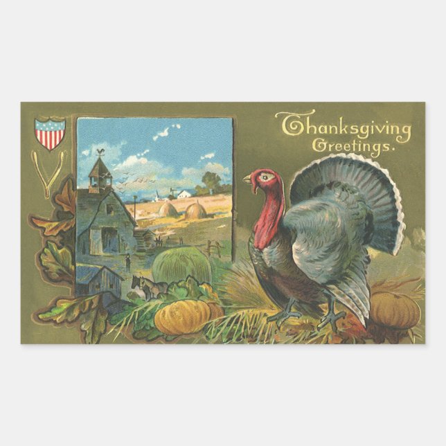 Vintage Thanksgiving, Turkey on the Farm Rectangular Sticker (Front)