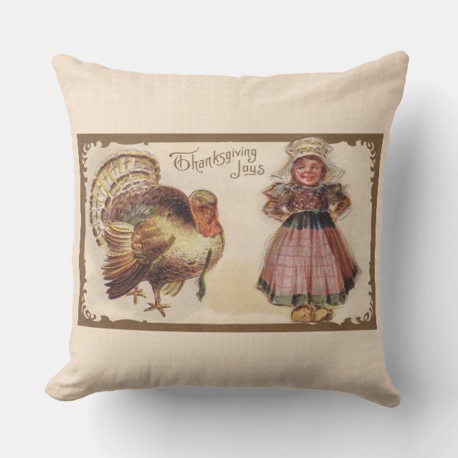Vintage Thanksgiving, Turkey, Pilgrim Girl Cushion (Front)