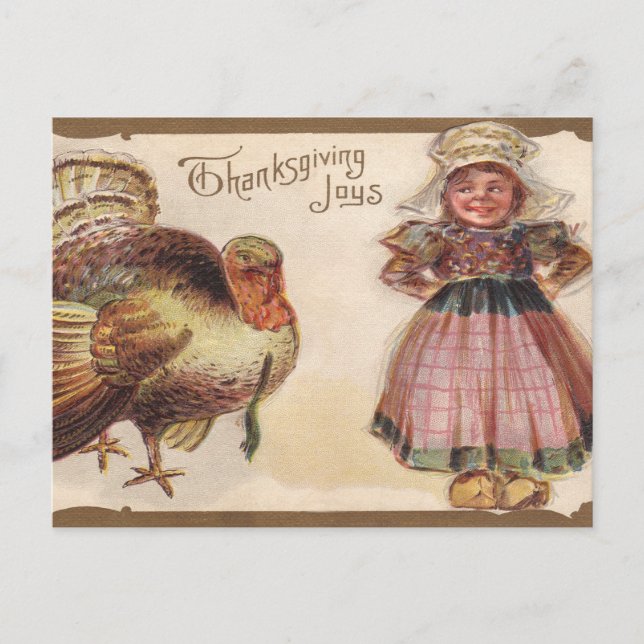 Vintage Thanksgiving, Turkey, Pilgrim Girl Holiday Postcard (Front)