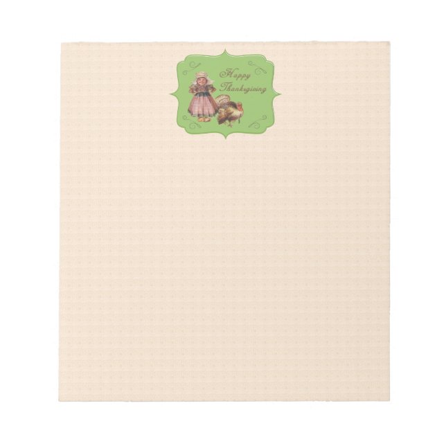 Vintage Thanksgiving, Turkey,Pilgrim Girl Notepad (Front)
