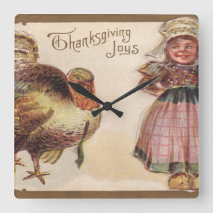 Vintage Thanksgiving Turkey with Pilgrim girl Square Wall Clock