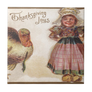 Vintage Thanksgiving, Turkey with Pilgrim Girl Tile