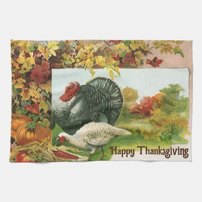 Vintage Thanksgiving, Wild Turkeys Autumn Colours Tea Towel (Horizontal)