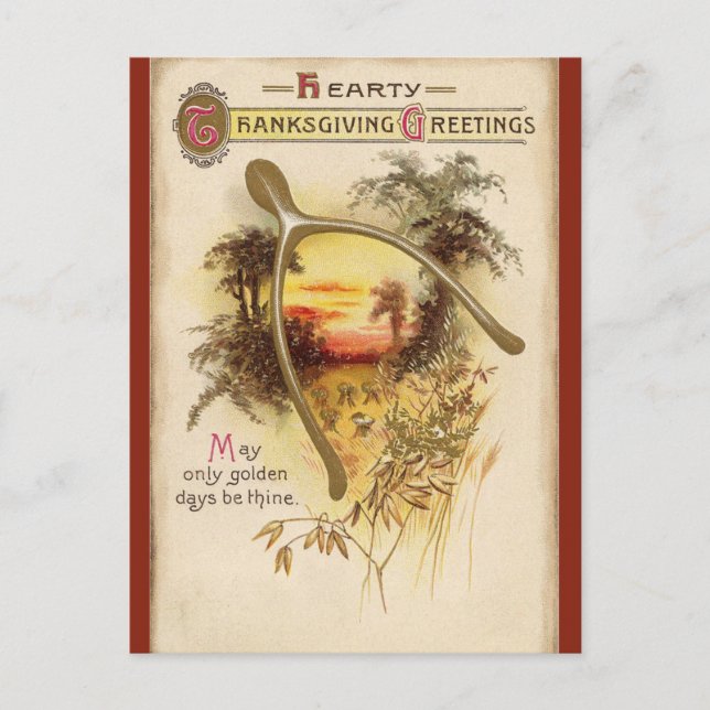 Vintage Thanksgiving Wishbone and Wheat Postcard (Front)