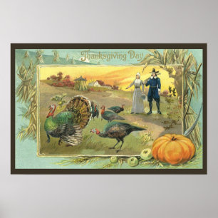 Vintage Thanksgiving with Pilgrims and Turkeys Poster