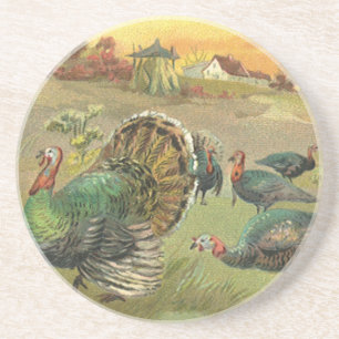 Vintage Thanksgiving with Turkeys and Pilgrims Coaster
