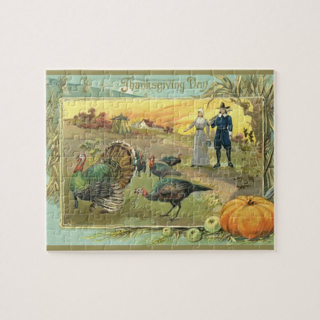 Vintage Thanksgiving with Turkeys and Pilgrims Jigsaw Puzzle (Horizontal)