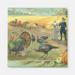 Vintage Thanksgiving with Turkeys and Pilgrims Magnet