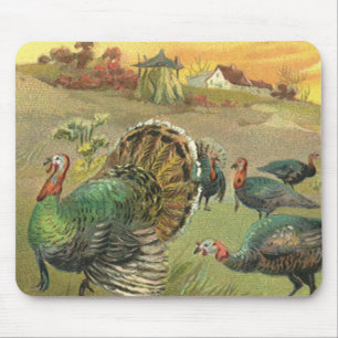 Vintage Thanksgiving with Turkeys and Pilgrims Mouse Mat