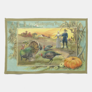 Vintage Thanksgiving with Turkeys and Pilgrims Tea Towel