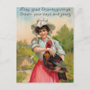 Vintage Thanksgiving Woman and Turkey Postcard