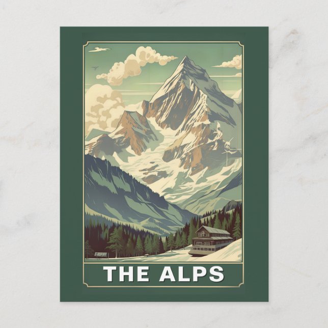 Vintage The Alps Travel Skiing Mountain Lodge Postcard (Front)