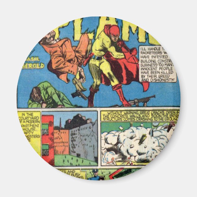 Vintage The Flame Comic Book Superhero Crooks Magnet (Front)