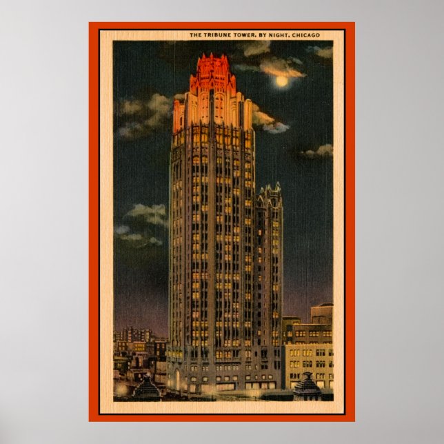 Vintage The Tribune Tower By Night Chicago Poster (Front)