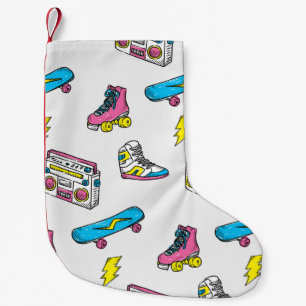 Vintage theme background with sneakers radio skate small christmas stocking