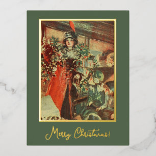 Vintage Themed Green Christmas Tree Gifts Lady Foil Holiday Postcard