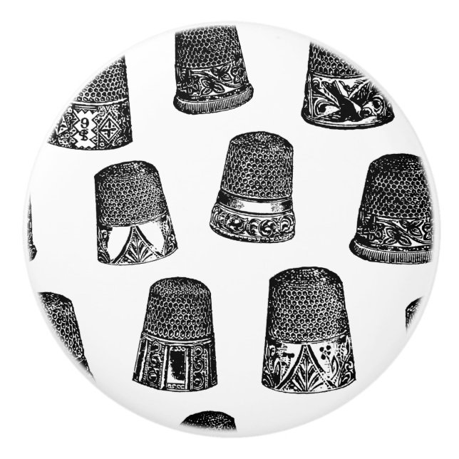 Vintage Thimbles Sewing Themed CUSTOM BG COLOR Ceramic Knob (Front)