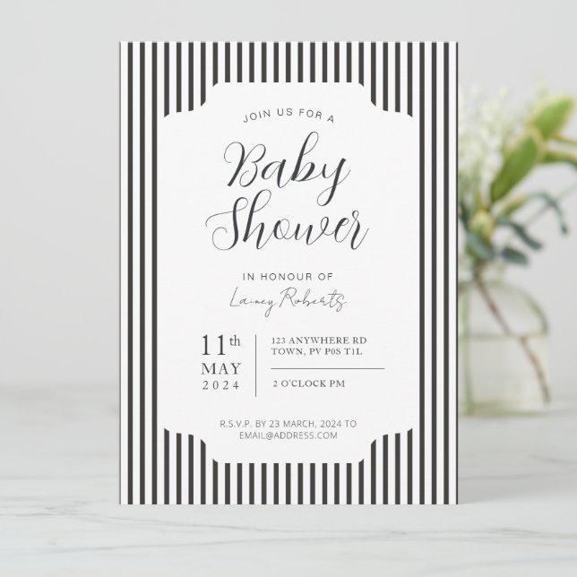 Vintage Thin Black and White Vertical Stripe Invitation (Standing Front)