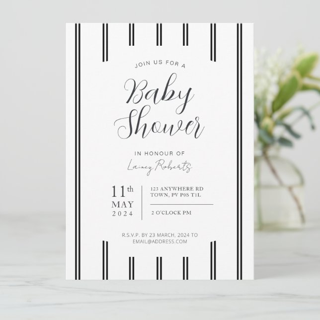 Vintage Thin Black and White Vertical Stripe Invitation (Standing Front)