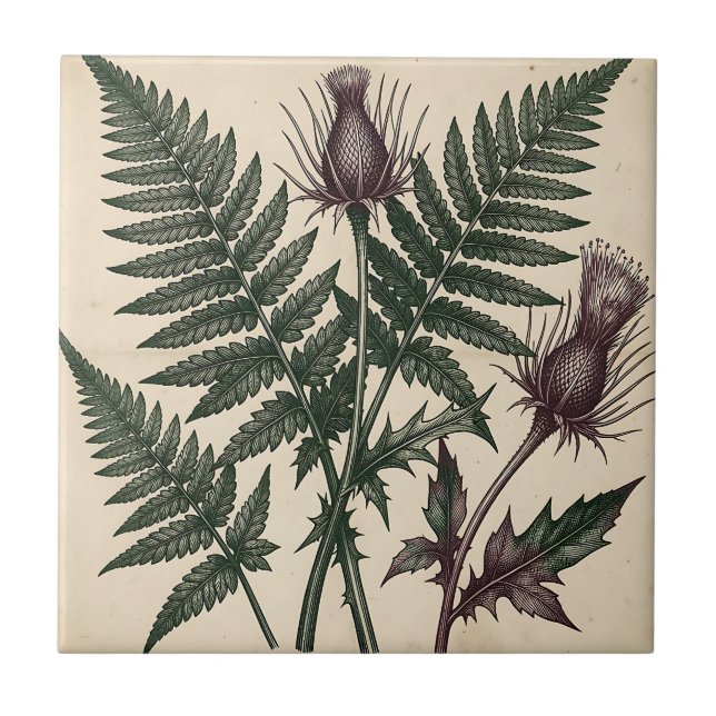 Vintage Thistle and Fern Botanical Tile (Front)
