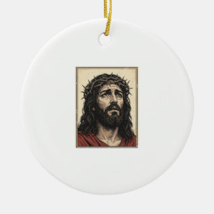 Vintage Thorn Crown Religious Portrait Vector Art_ Ceramic Tree Decoration