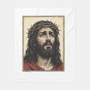Vintage Thorn Crown Religious Portrait Vector Art_ Fleece Blanket