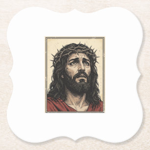 Vintage Thorn Crown Religious Portrait Vector Art_ Paper Coaster