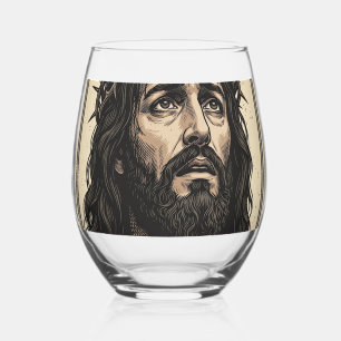 Vintage Thorn Crown Religious Portrait Vector Art_ Stemless Wine Glass