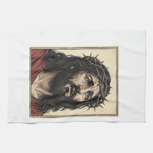 Vintage Thorn Crown Religious Portrait Vector Art_ Tea Towel